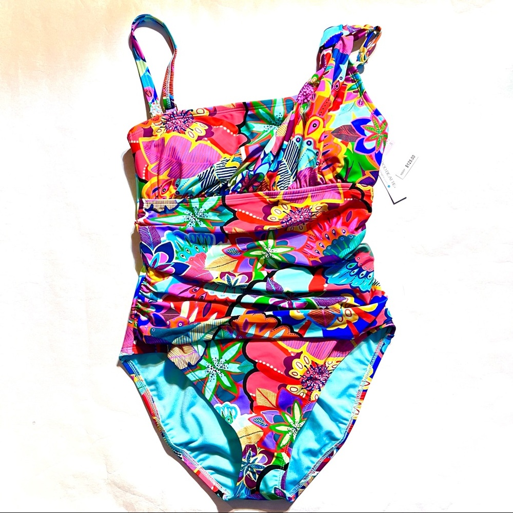 Bleu Rod Beattie Ruched Asymmetrical Strap Swimsuit Size 6 Blue Floral